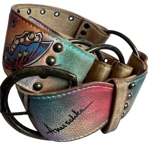 Anuschka Hand Painted Leather Brass Wide Belt Boho Butterfly Leopard Zeb…